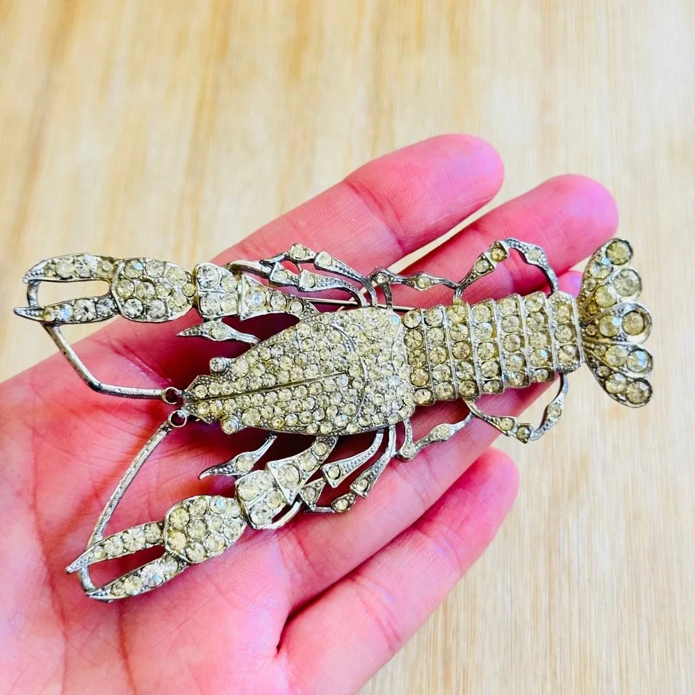 VTG 80s Thelma Deutsch Lobster Brooch Crystal Rhinestone Silver Oversized Rare